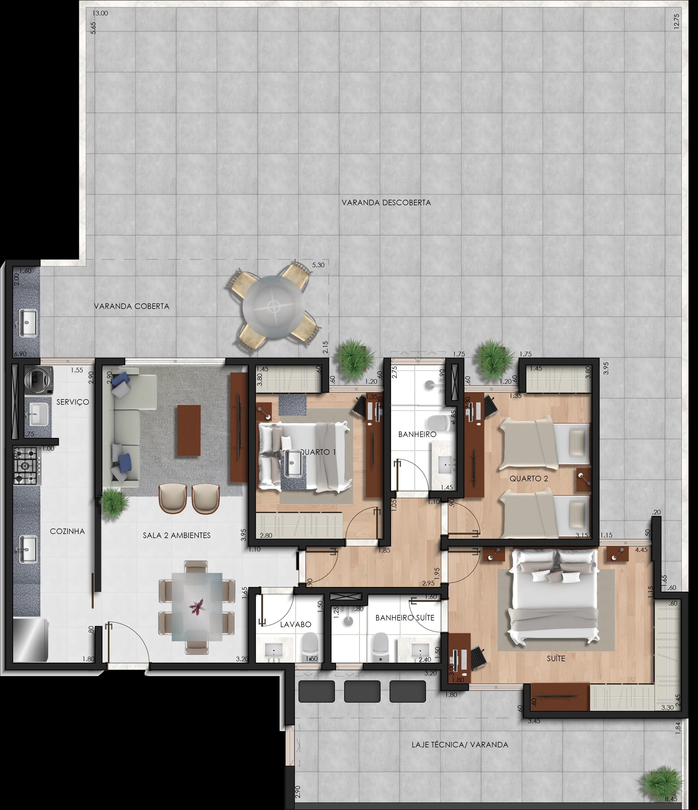 Planta baixa do Garden 202 - 3 quartos com 1 suite no fundos, Estrela Sul