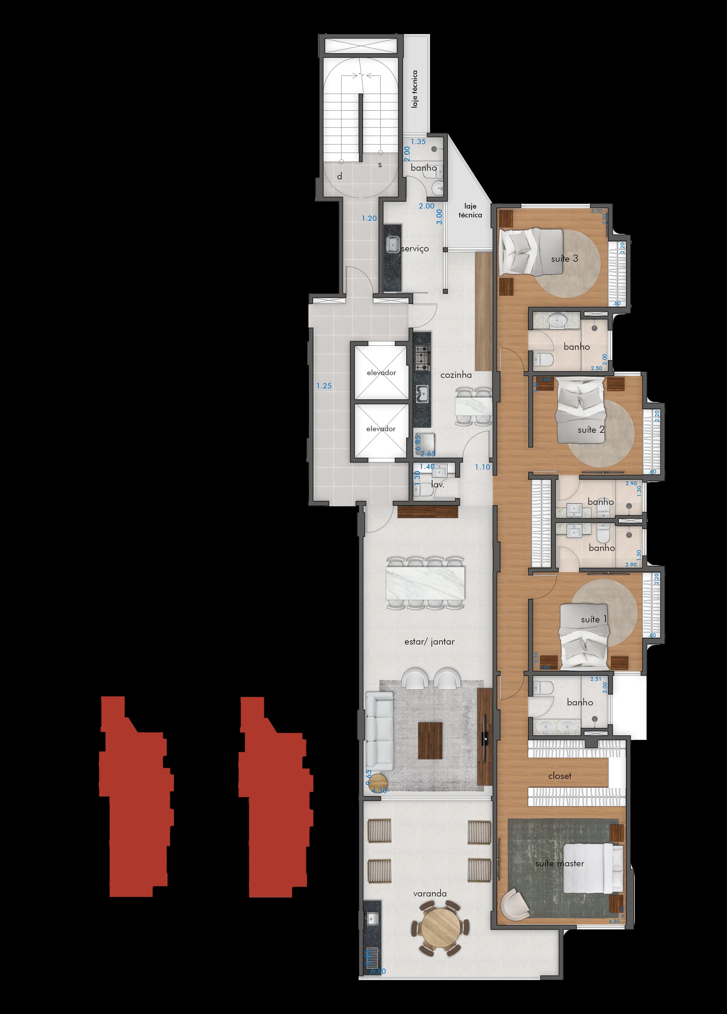 Planta baixa do Apto 501 - 4 suítes, 228m² no Centro de Juiz de Fora