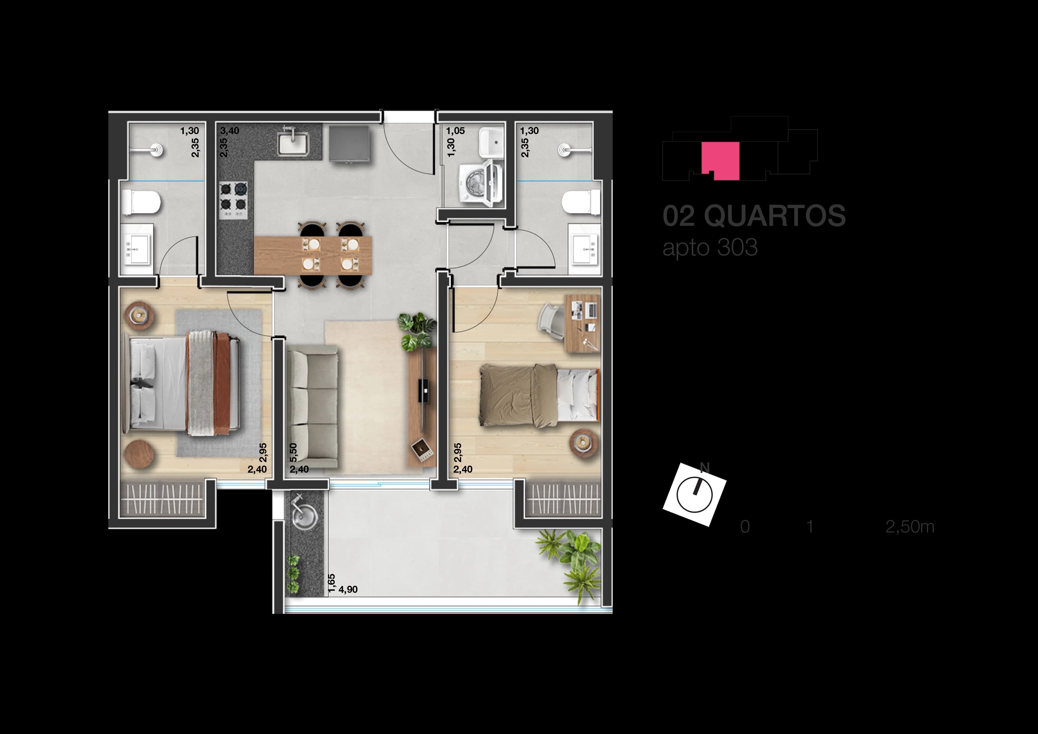 Planta baixa do Apto 303 - Garden 2 suítes no São Mateus