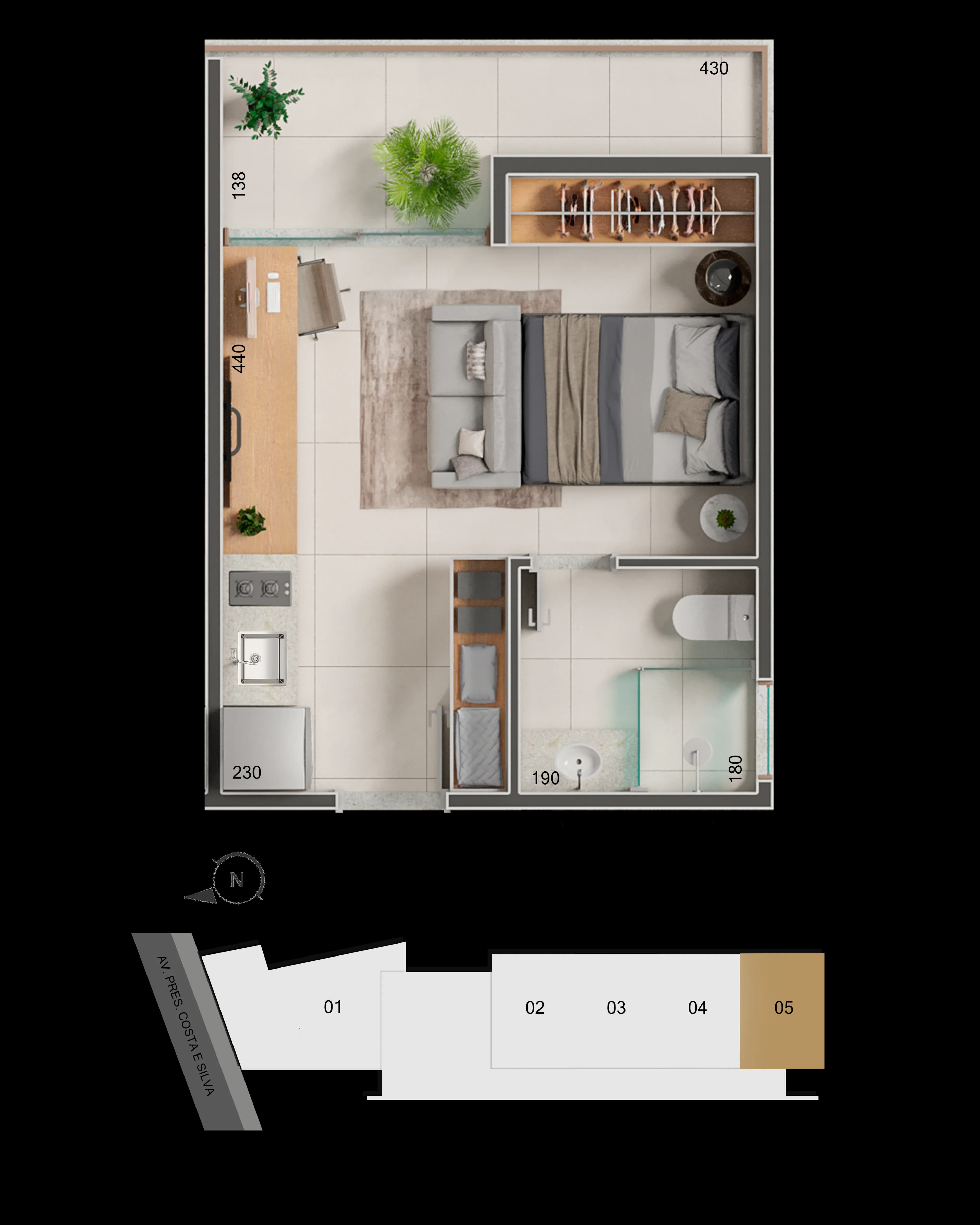 Planta baixa do Studio 705 - 25 m² no São Pedro, 7º andar