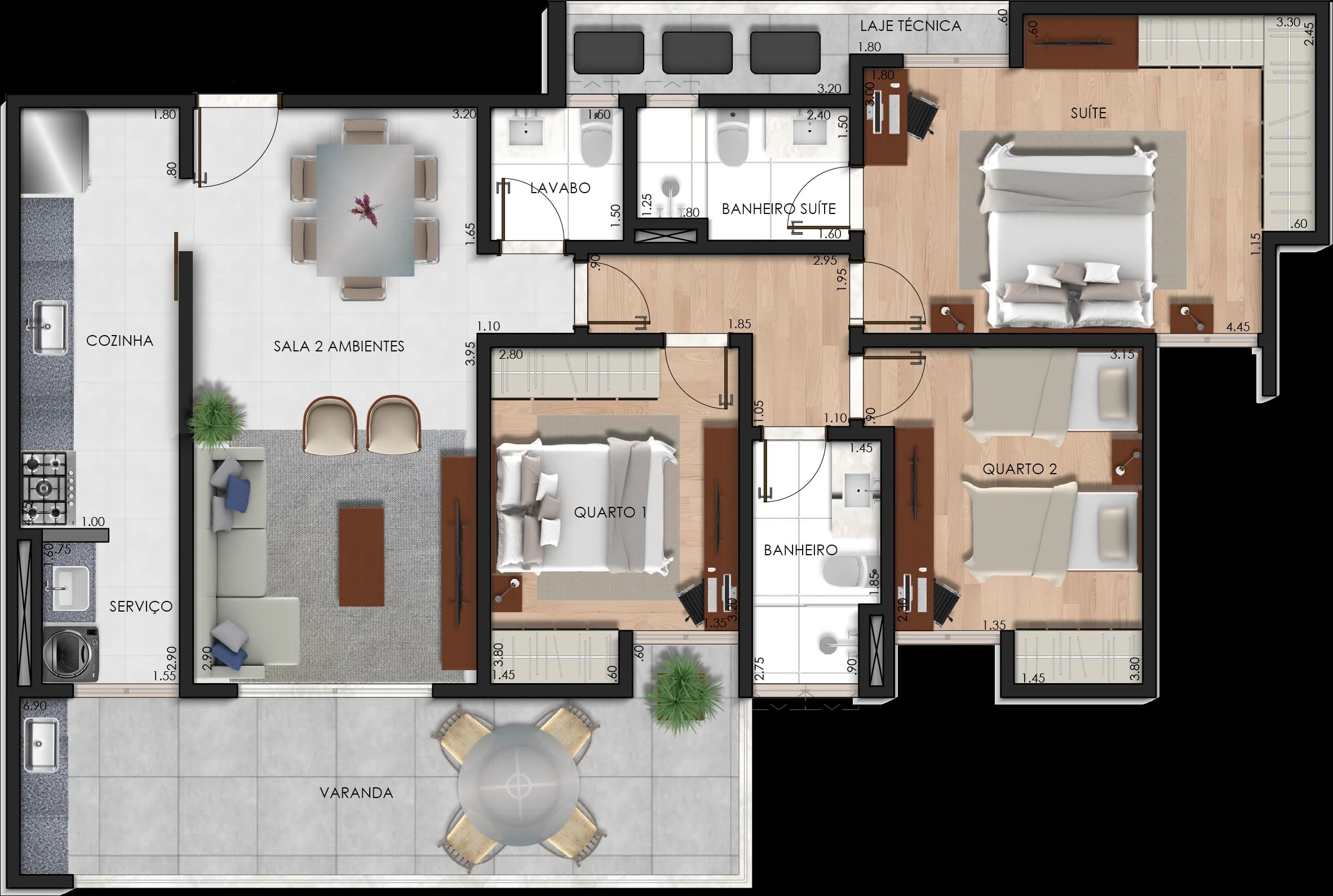 Planta baixa do Apto 501 - 3 quartos com 1 suite no frente, 5o andar - Estrela Sul