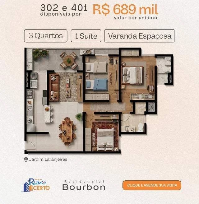Apartamento 3 quartos em JARDIM LARANJEIRAS