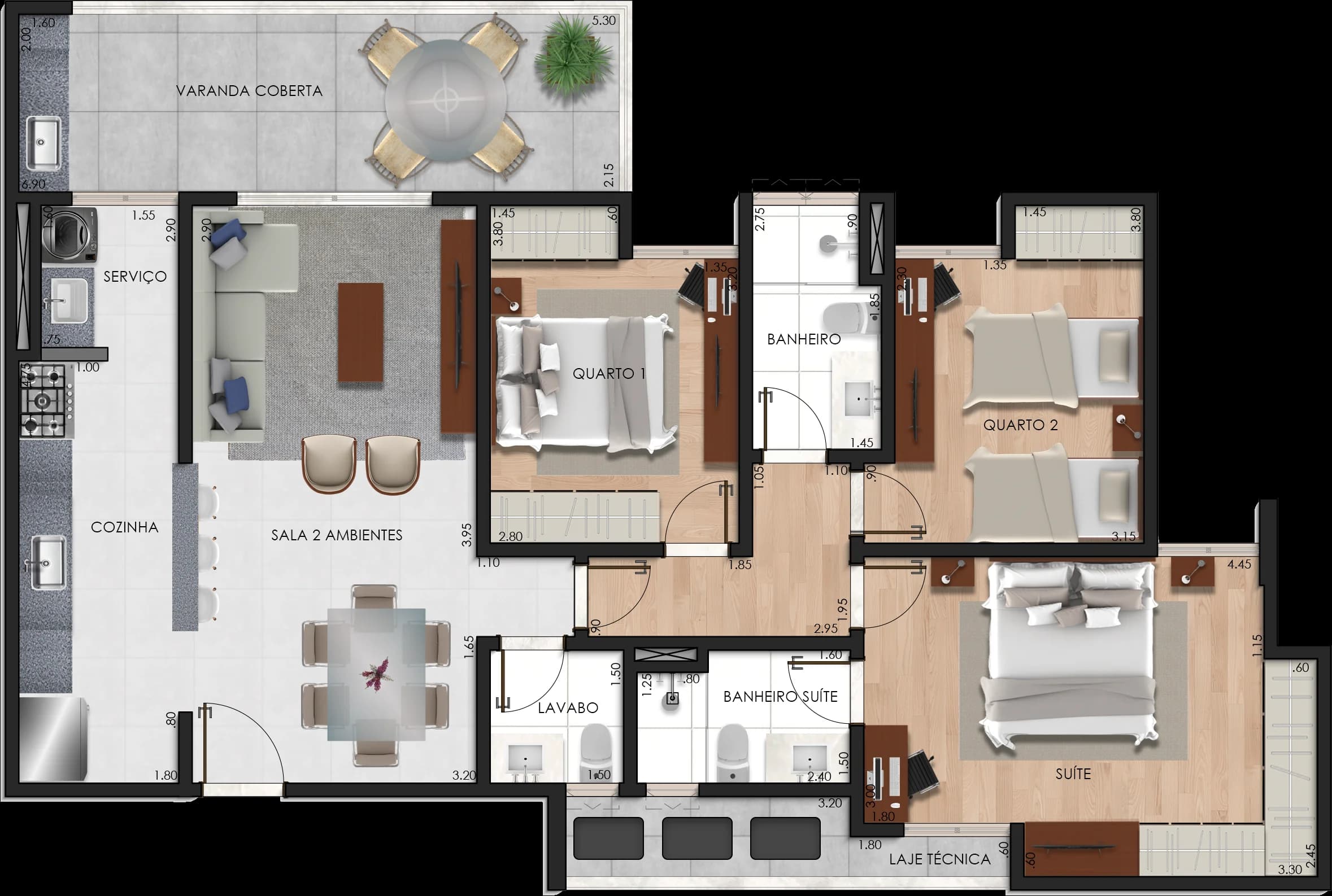 Planta baixa do Apto 902 - 3 quartos com 1 suite no fundos, 9o andar - Estrela Sul