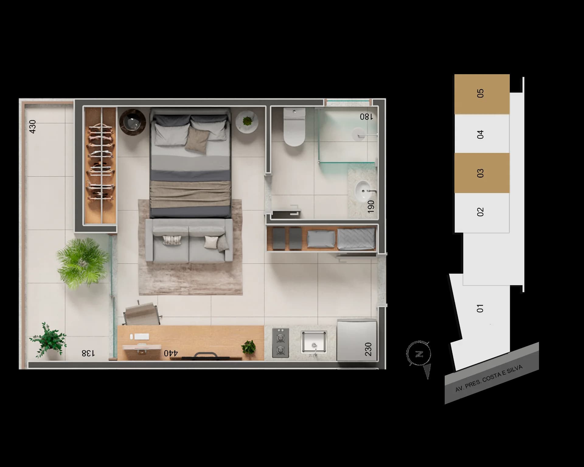 Planta baixa do Studio 203 - 27 m² no São Pedro, 2º andar
