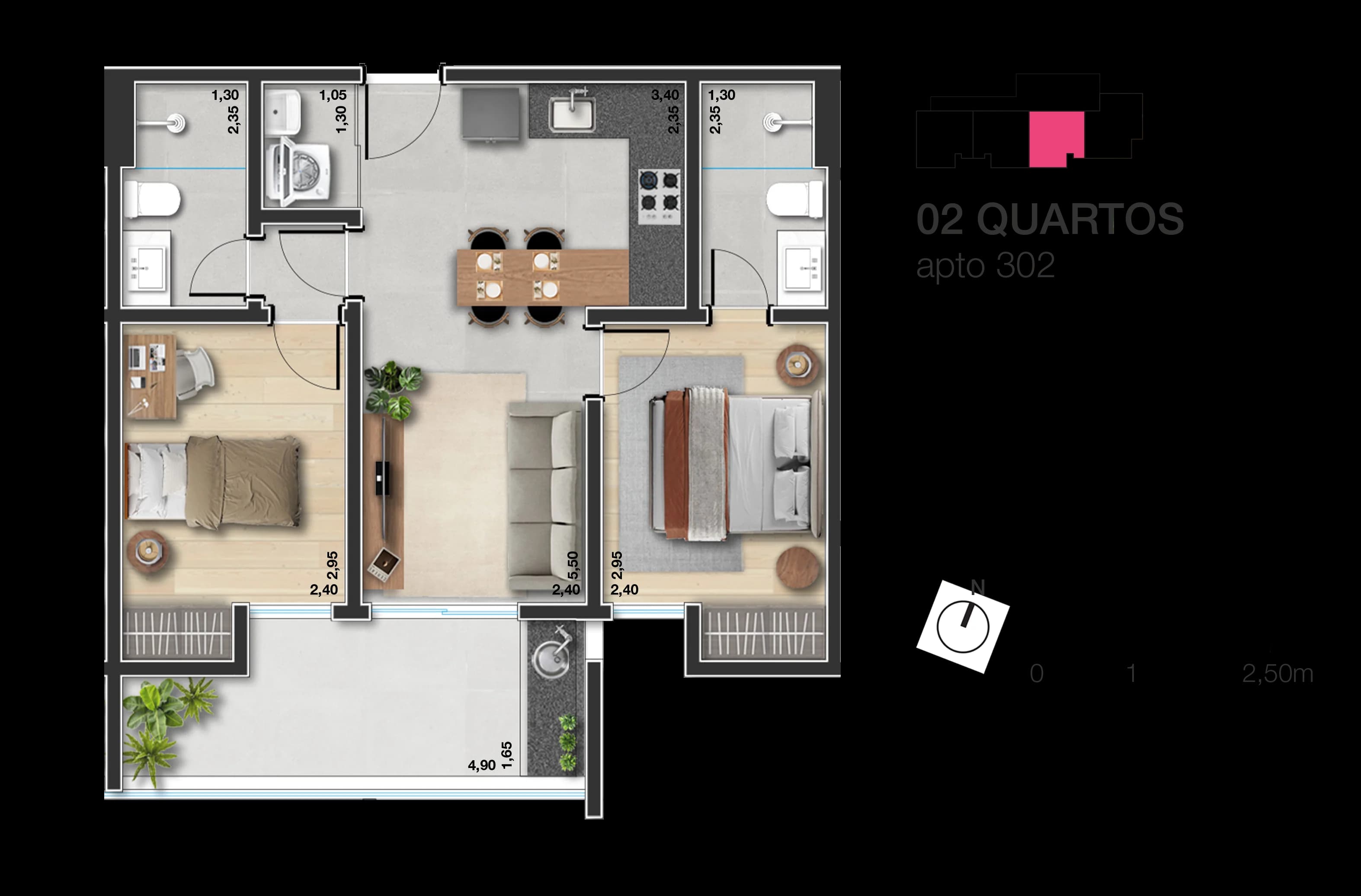 Planta baixa do Apto 302 - Garden 2 suítes no São Mateus